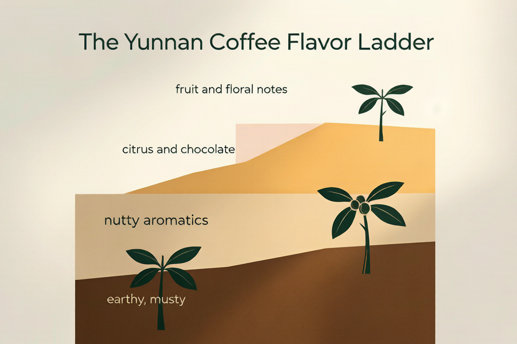 Yunnan coffee taste and flavor shift with altitude: an elevation ladder showing how higher farms yield brighter acidity and clearer sweetness.